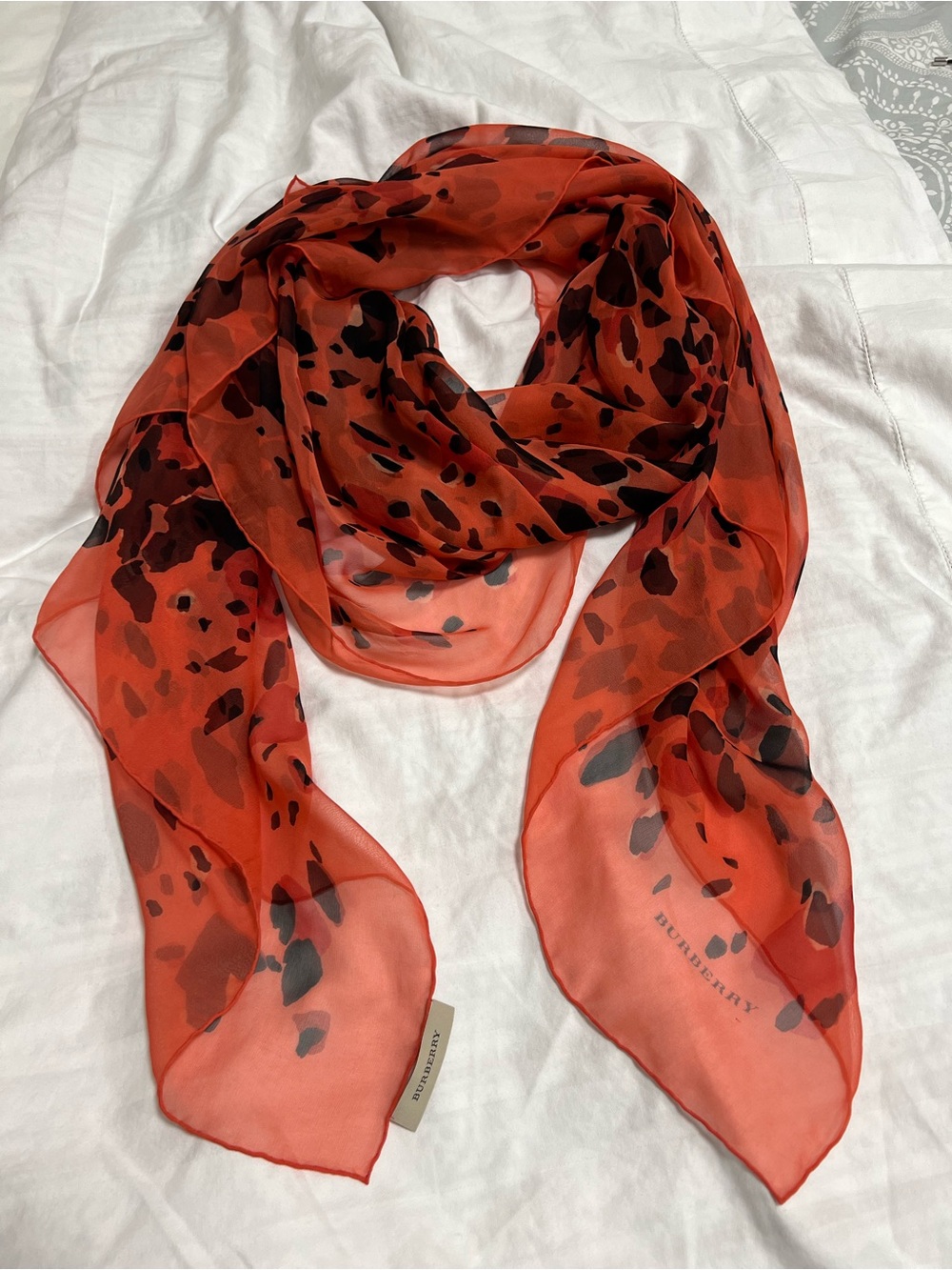 Burberry Orange and Black Leopard Silk Scarf